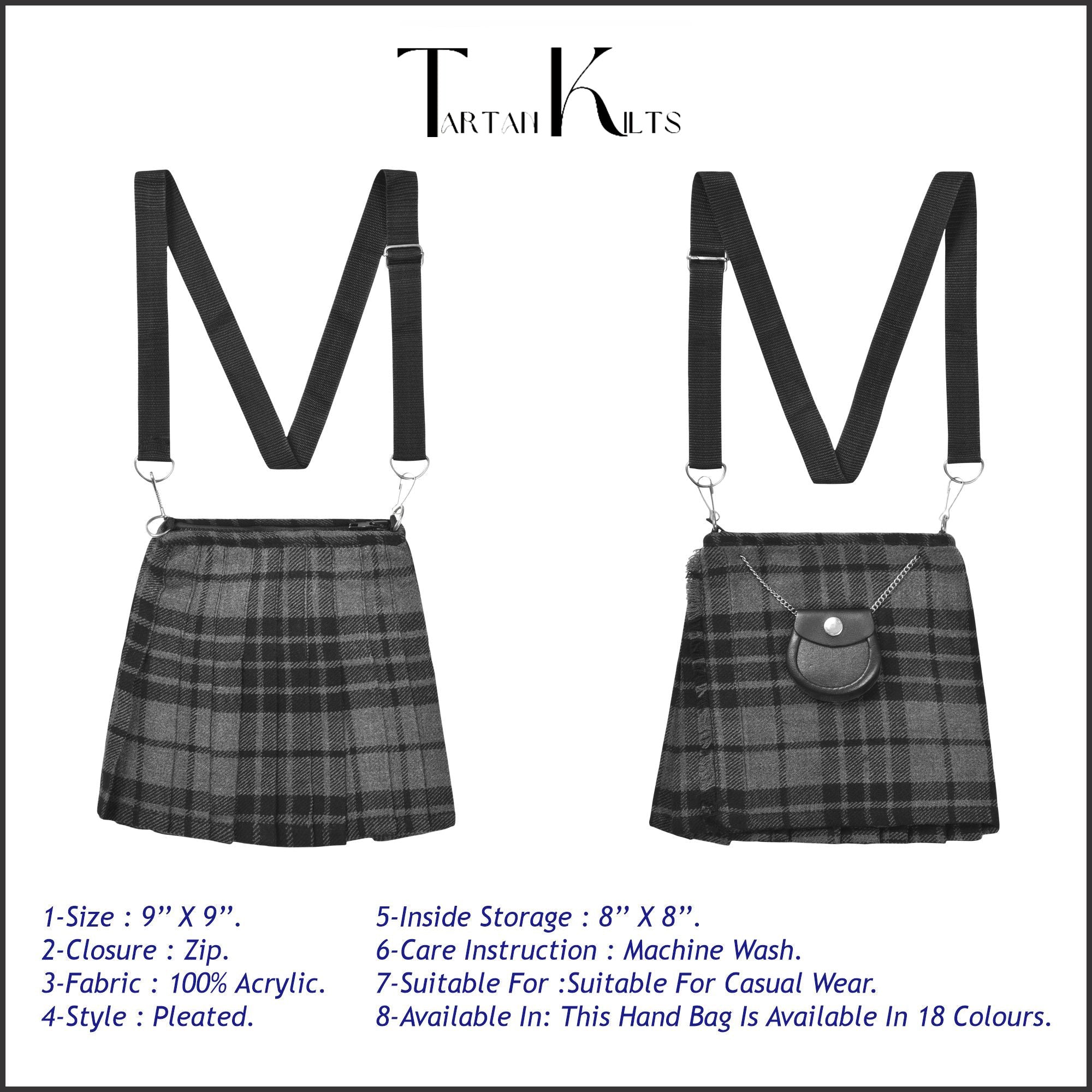 Traditional Scottish Women Tartan Bag Pleated Crossbody Purse - Adjustable Straps, Zip Closure Grey Tartan