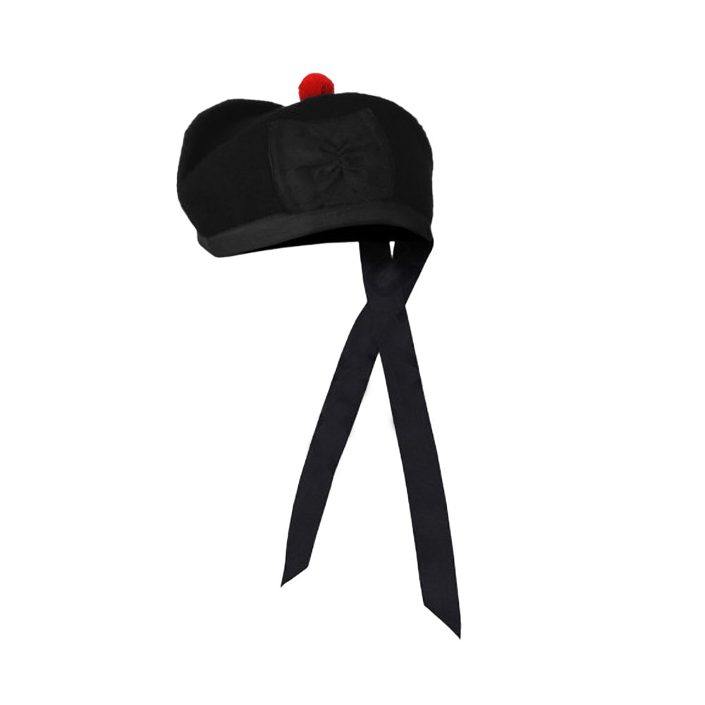 Scottish Black Wool Glengarry Hat with Red Pompom
