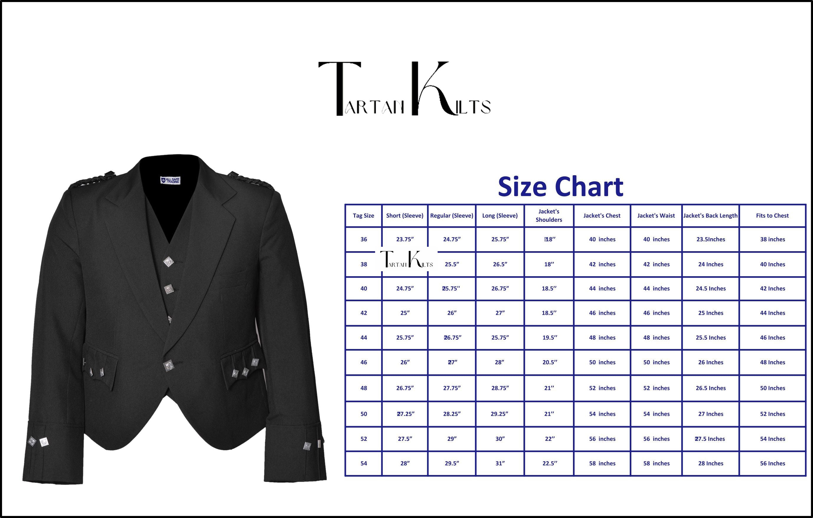 Scottish Blue Argyle Kilt Jacket With Waistcoat/Vest - Sizes 36"- 54"