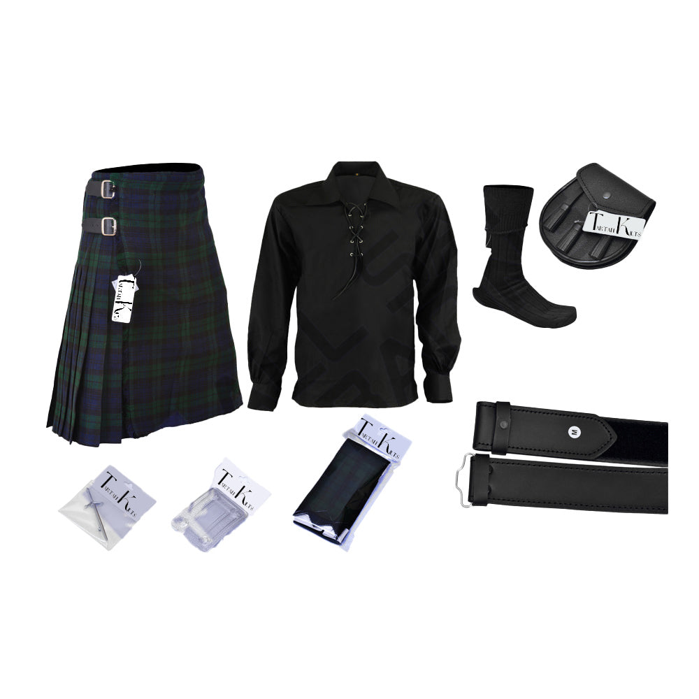 Scottish Men's 9 Piece 8 Yards Kilt Outfit, Black Watch Tartan Kilt