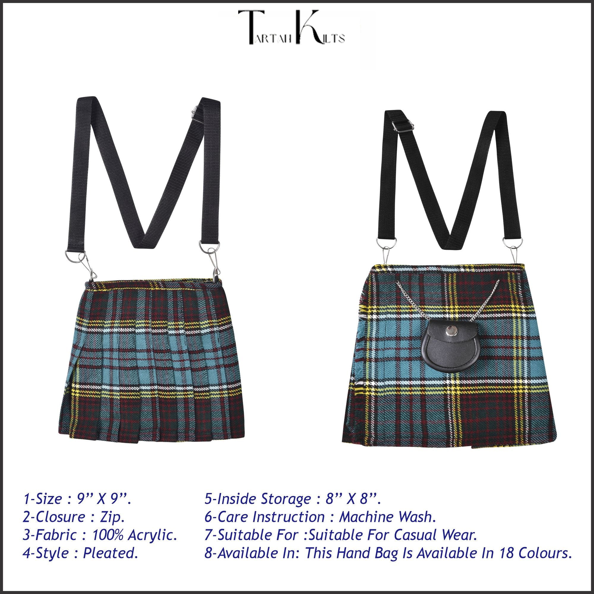 Traditional Scottish Women Tartan Bag Pleated Crossbody Purse - Adjustable Straps, Zip Closure Anderson Tartan