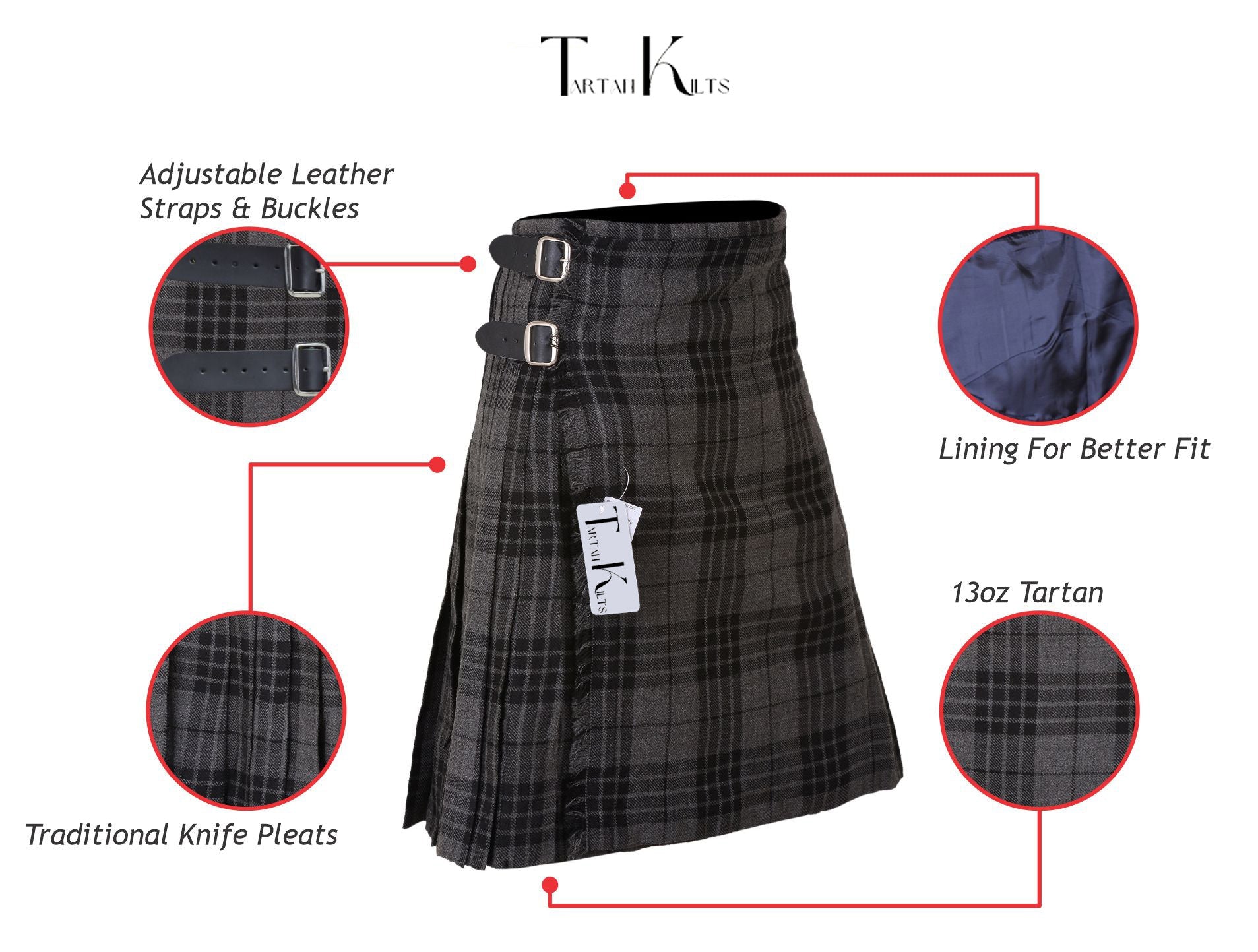 Men's 8 Yard Kilt for Men, Men's Deluxe Kilt, Scottish Tartan Kilt, Highland Wedding Kilt, Grey Watch Kilt