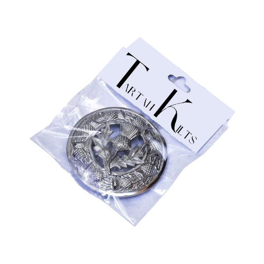 Scottish Thistle Kilt Fly Plaid Brooch With Scrolling Thistle Border