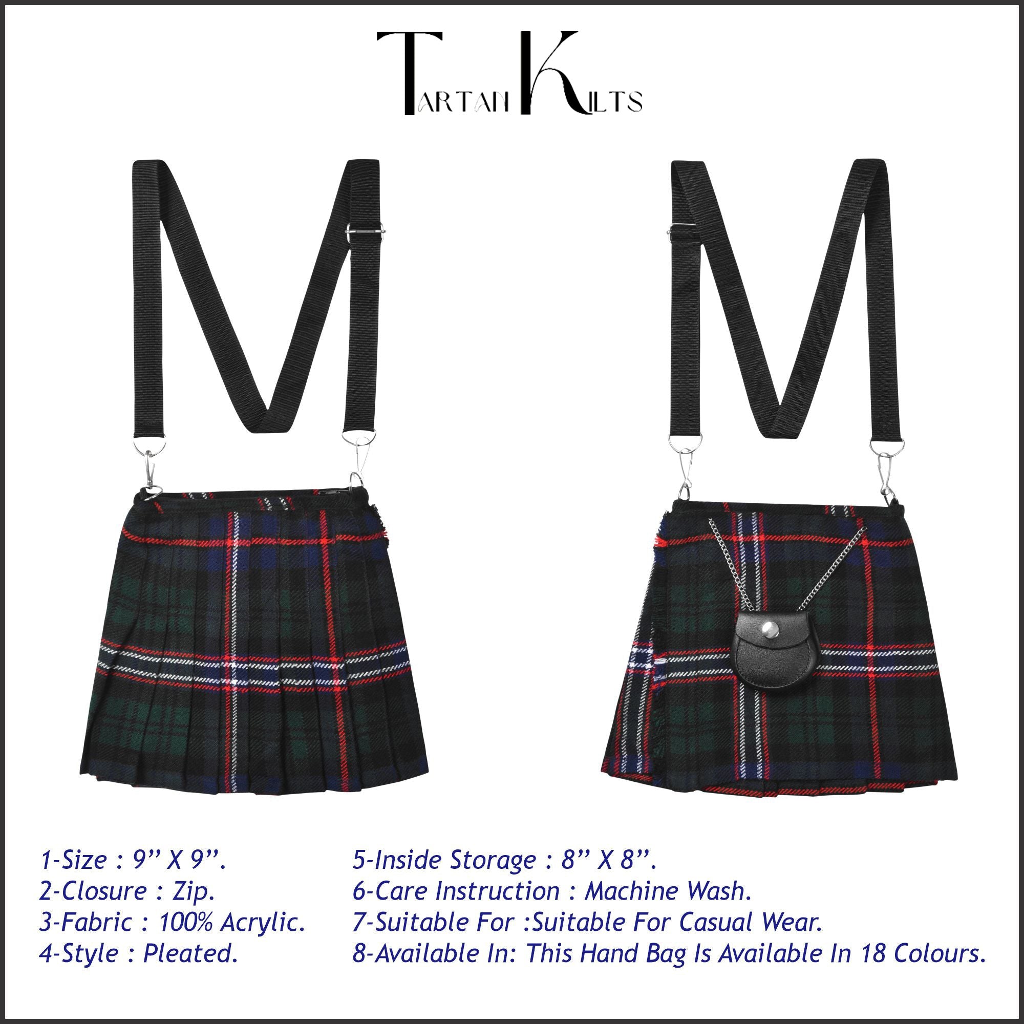 Traditional Scottish Women Tartan Bag Pleated Crossbody Purse - Adjustable Straps, Zip Closure Scottish National Tartan