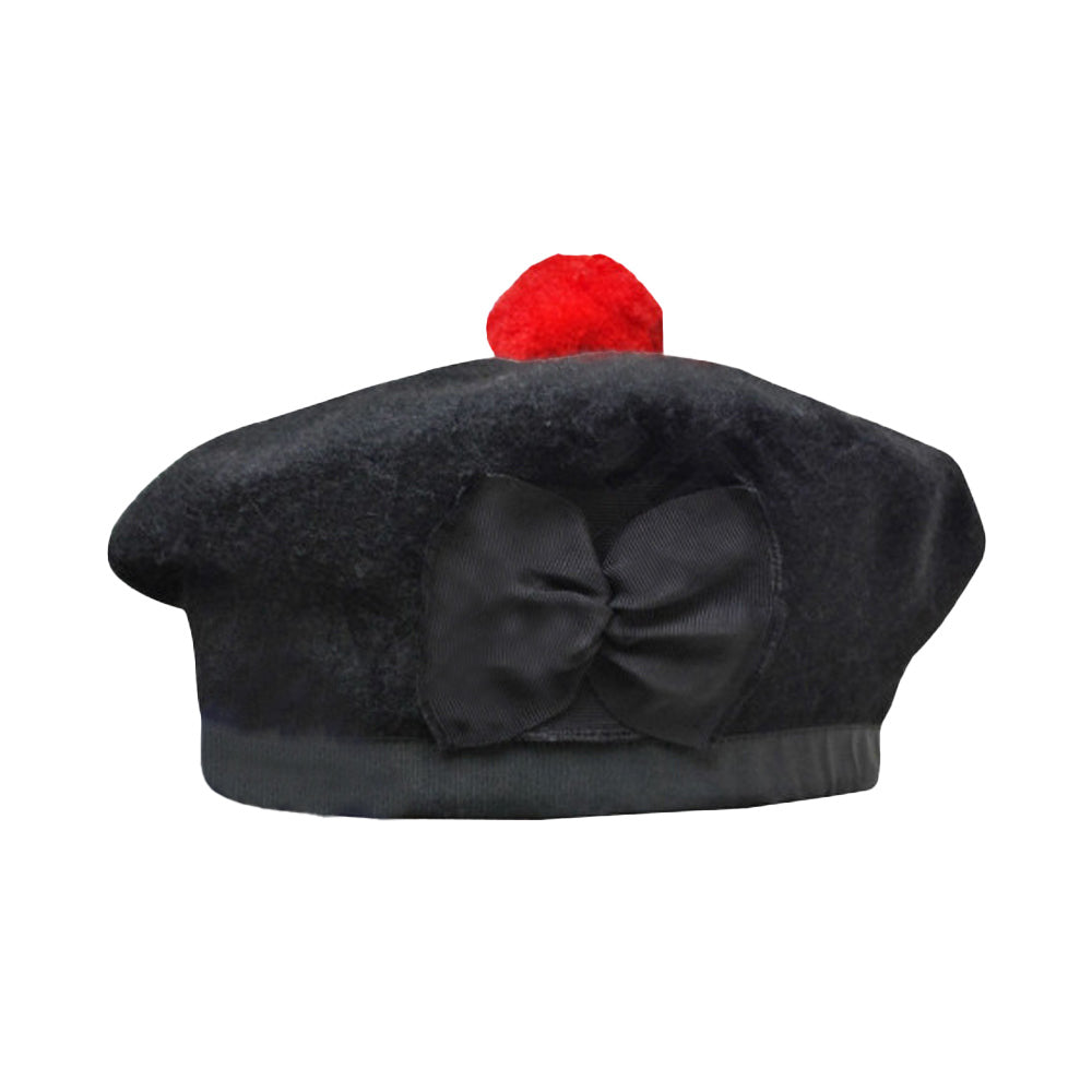 Scottish Black Wool Blended Balmorals Hat With Red Pompom on Top