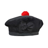Scottish Black Wool Blended Balmorals Hat With Red Pompom on Top