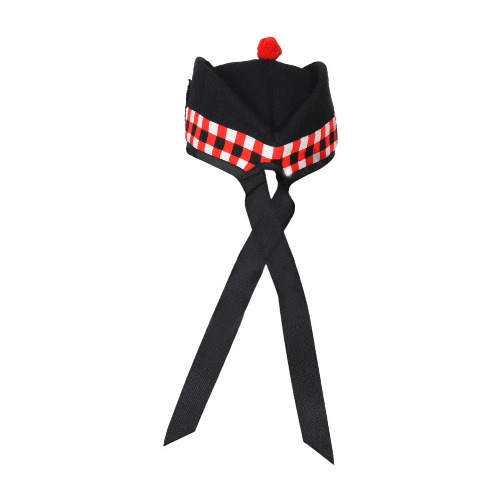Scottish Black Wool Glengarry Dice Hat with Red Pompom
