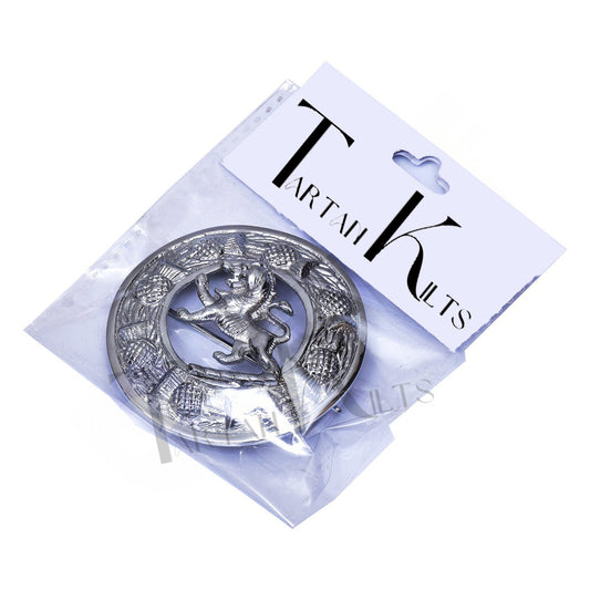Scottish Rampant Lion Kilt Fly Plaid Brooch With Scrolling Thistle Border