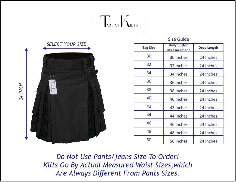 Men's Black Watch Weathered Tartan Hybrid Kilt with Cargo Pockets, Utility Kilt