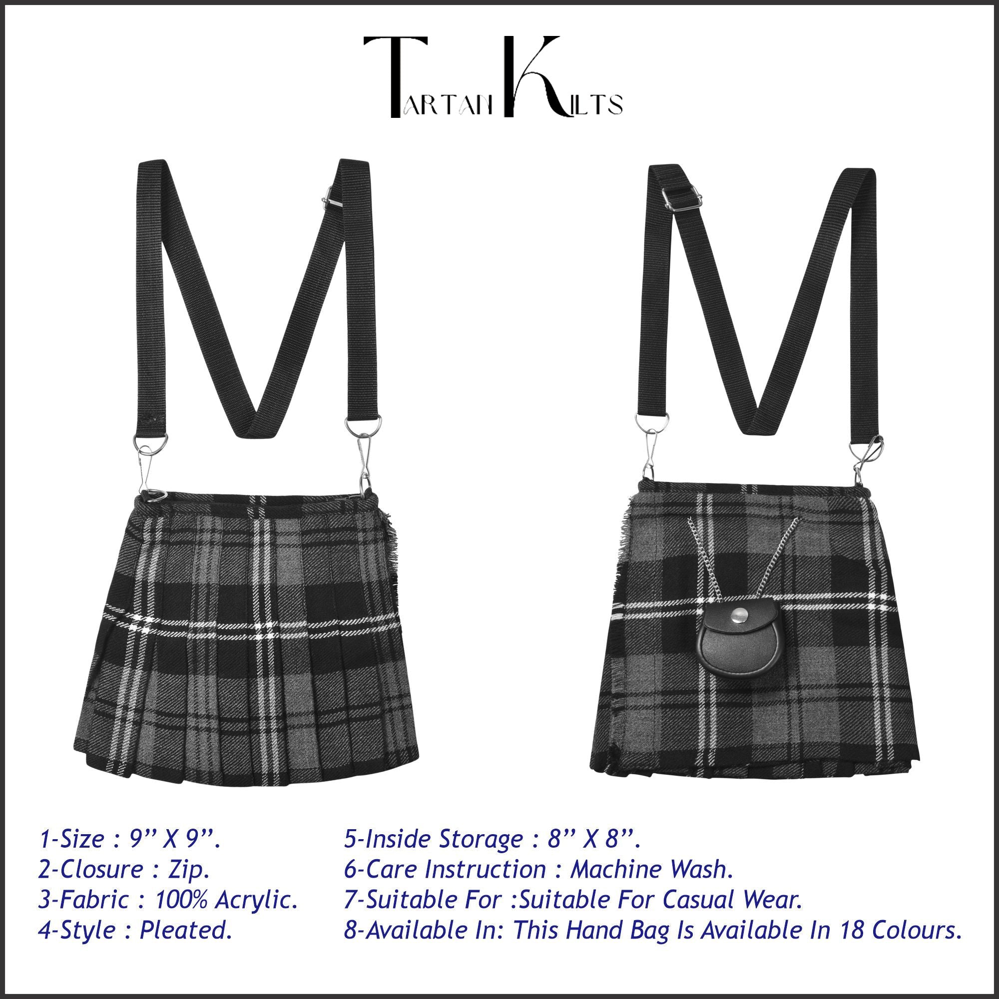 Traditional Scottish Women Tartan Bag Pleated Crossbody Purse - Adjustable Straps, Zip Closure Granite Tartan
