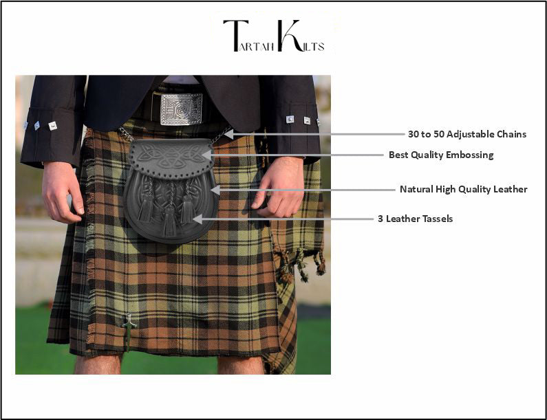 Premium Leather Sporran for Men - Ideal Kilt Accessories for Men, Scottish Kilt Sporran with Chain Belt Art # 5