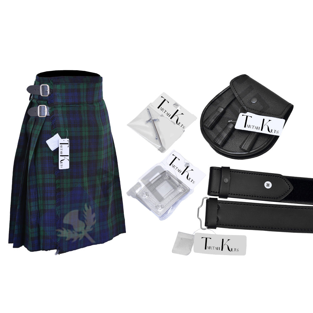 Men's Scottish 6 Piece Casual Kilt Outfit with Sporran, Black Watch Tartan Kilt