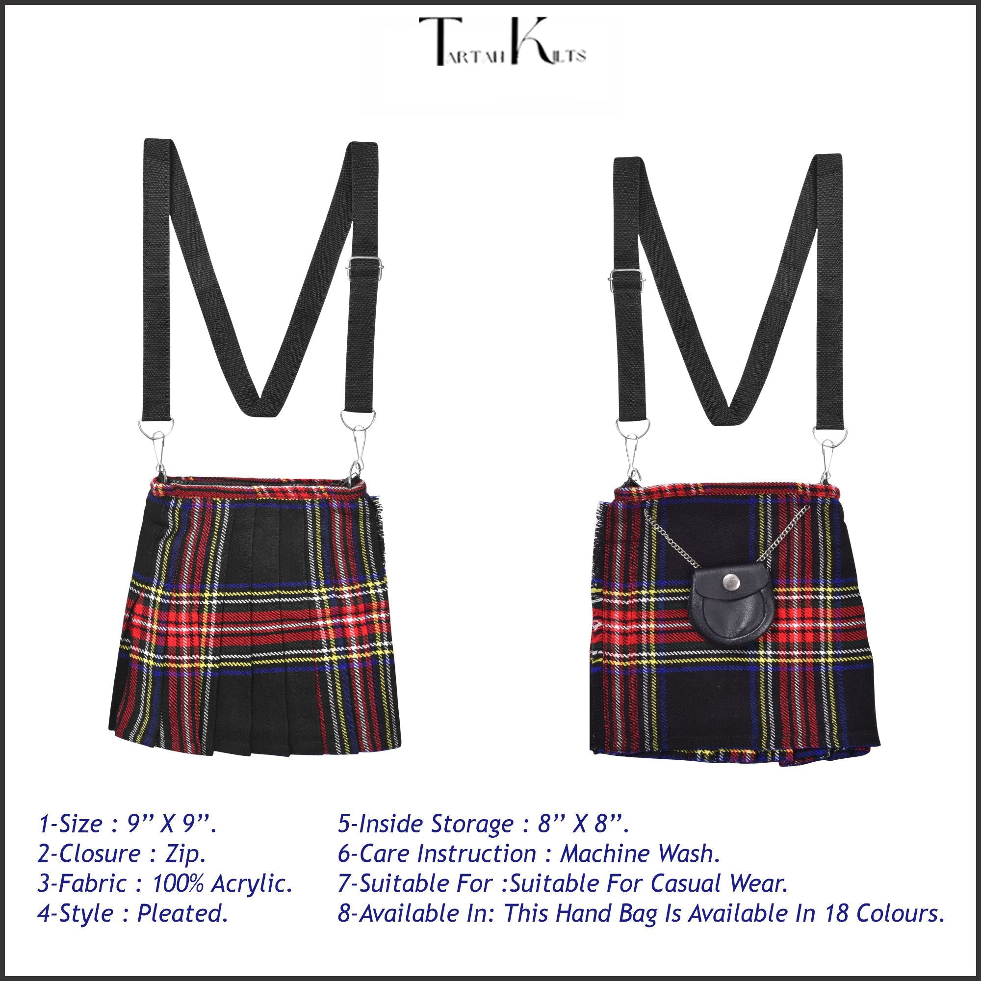 Traditional Scottish Women Tartan Bag Pleated Crossbody Purse - Adjustable Straps, Zip Closure Black Stewart Tartan