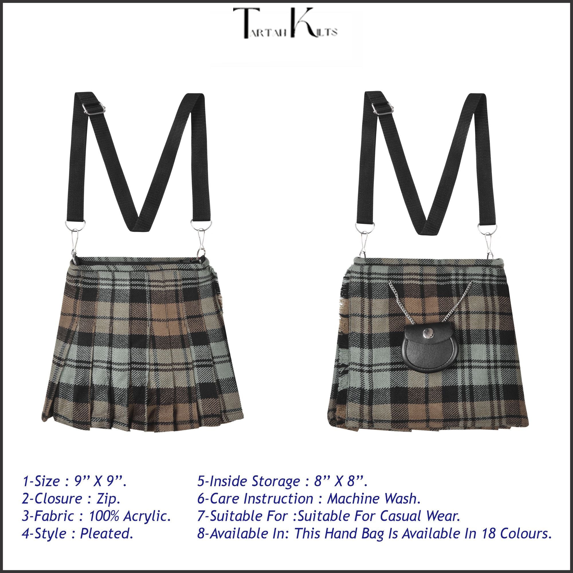 Traditional Scottish Women Tartan Bag Pleated Crossbody Purse - Adjustable Straps, Zip Closure Black Watch Weathered Tartan