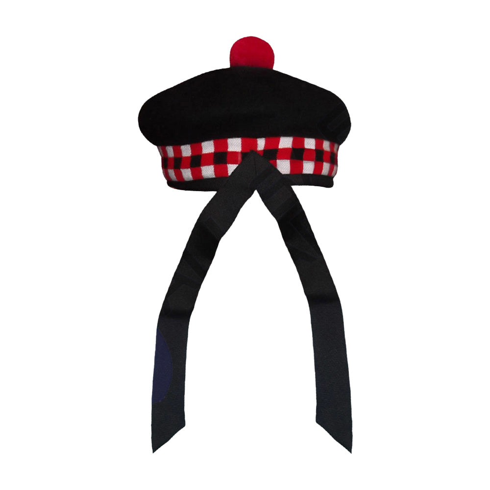 Scottish Black Wool Blended Balmorals Dice Hat With Red Pompom on Top