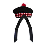 Scottish Black Wool Blended Balmorals Dice Hat With Red Pompom on Top