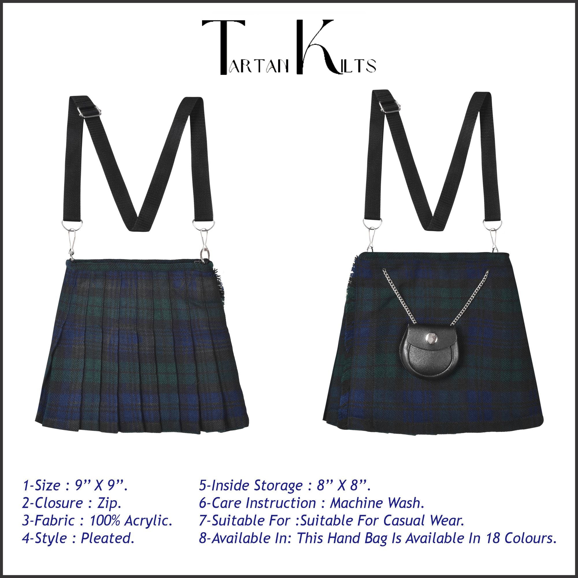 Traditional Scottish Women Tartan Bag Pleated Crossbody Purse - Adjustable Straps, Zip Closure Black Watch Tartan