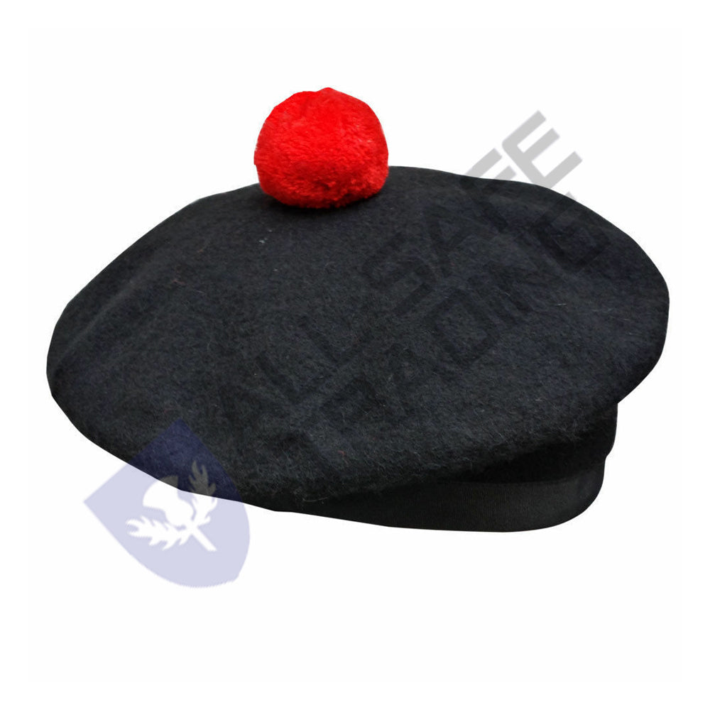 Scottish Black Wool Blended Balmorals Hat With Red Pompom on Top