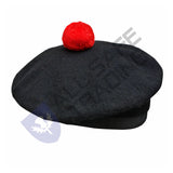 Scottish Black Wool Blended Balmorals Hat With Red Pompom on Top