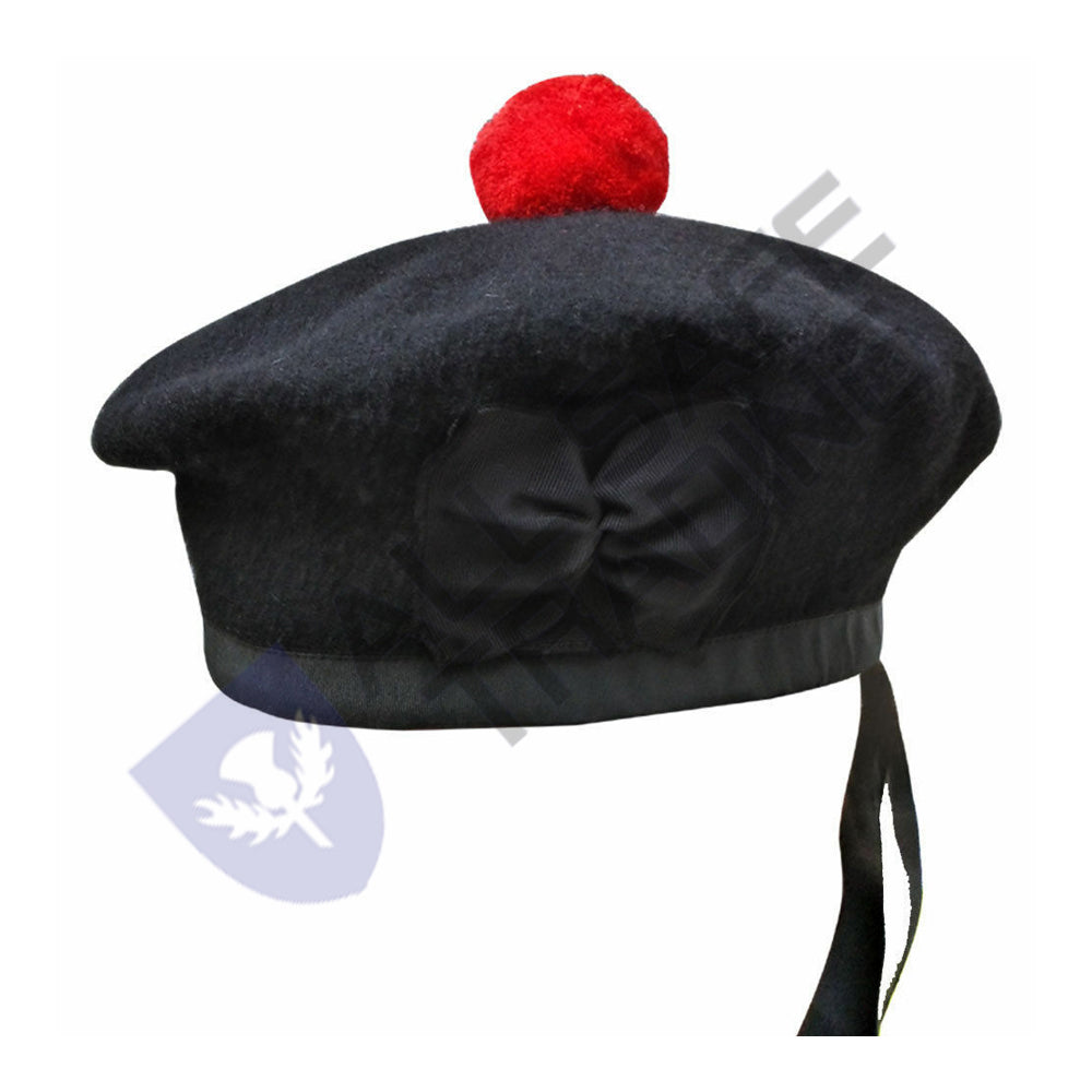 Scottish Black Wool Blended Balmorals Hat With Red Pompom on Top