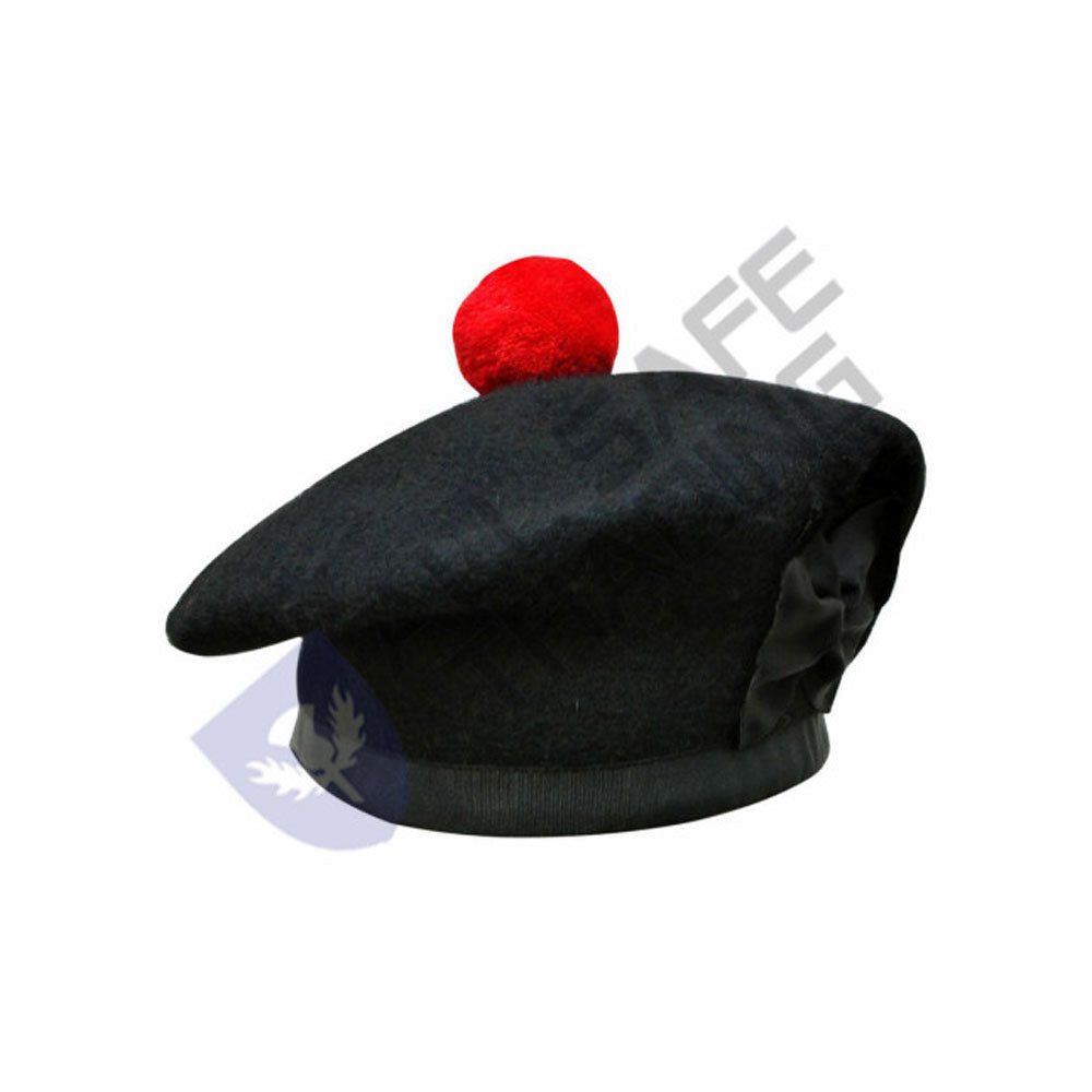Scottish Black Wool Blended Balmorals Hat With Red Pompom on Top