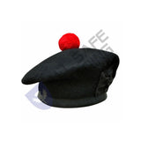 Scottish Black Wool Blended Balmorals Hat With Red Pompom on Top