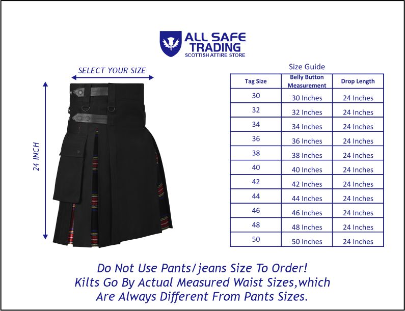 Men's Black Stewart Tartan Hybrid Kilt with Cargo Pockets, Utility Kilt