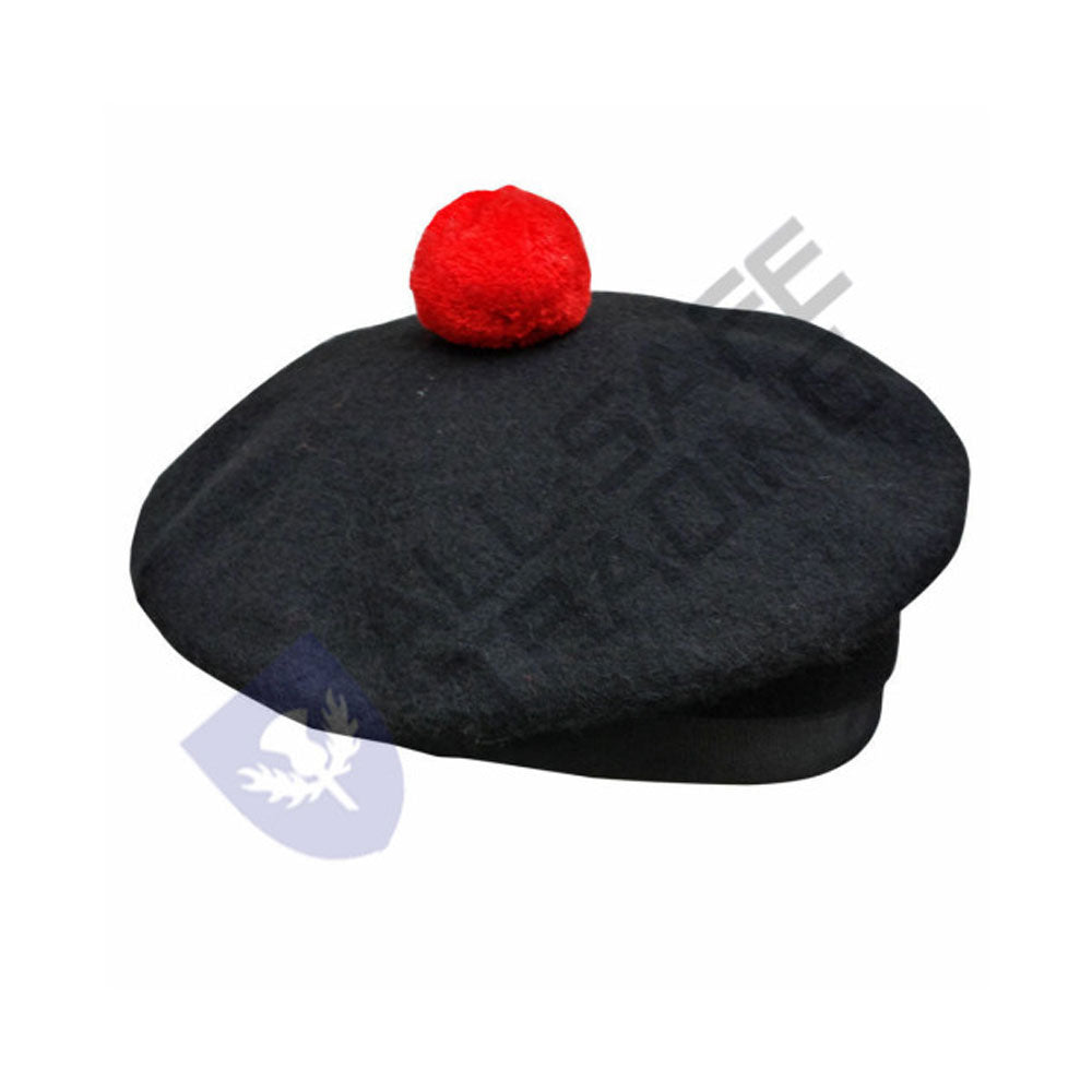 Scottish Black Wool Blended Balmorals Hat With Red Pompom on Top
