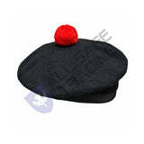 Scottish Black Wool Blended Balmorals Hat With Red Pompom on Top
