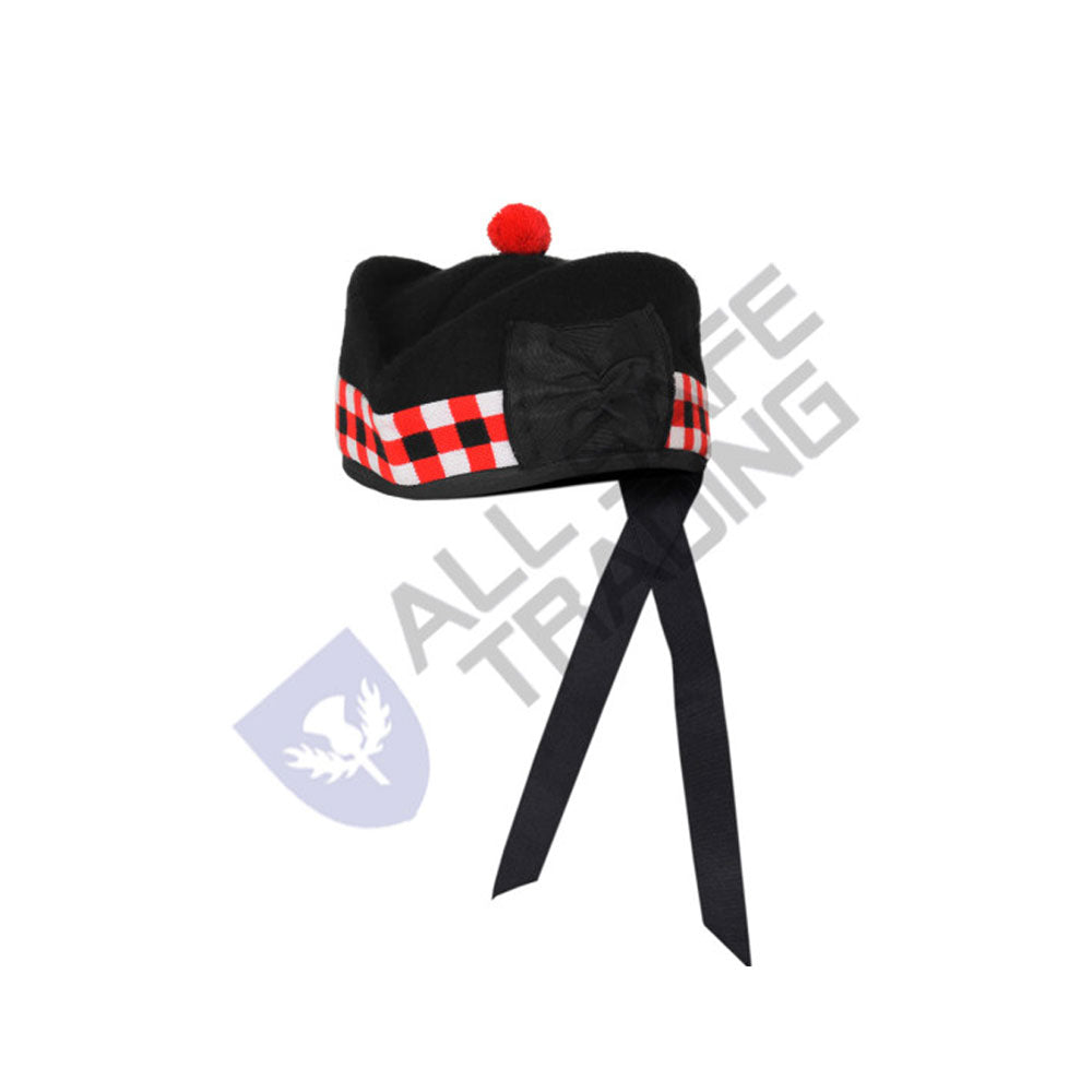 Scottish Black Wool Glengarry Dice Hat with Red Pompom