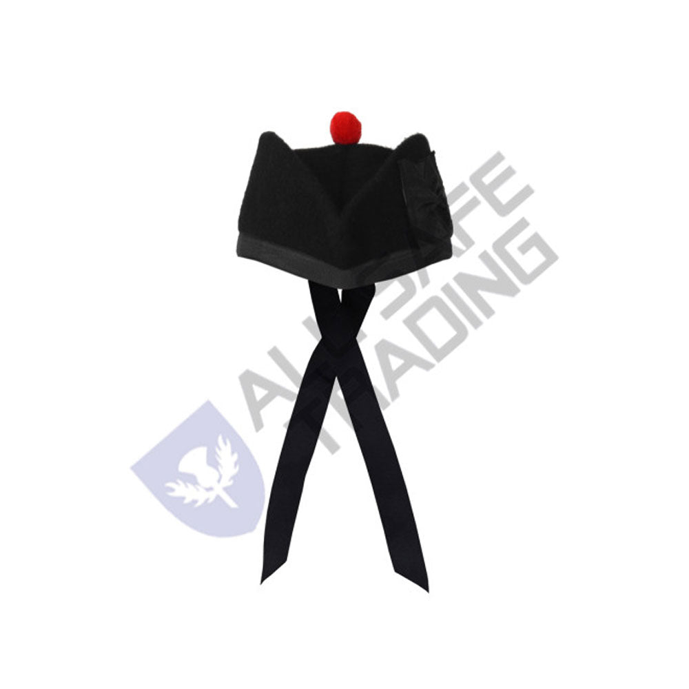 Scottish Black Wool Glengarry Hat with Red Pompom