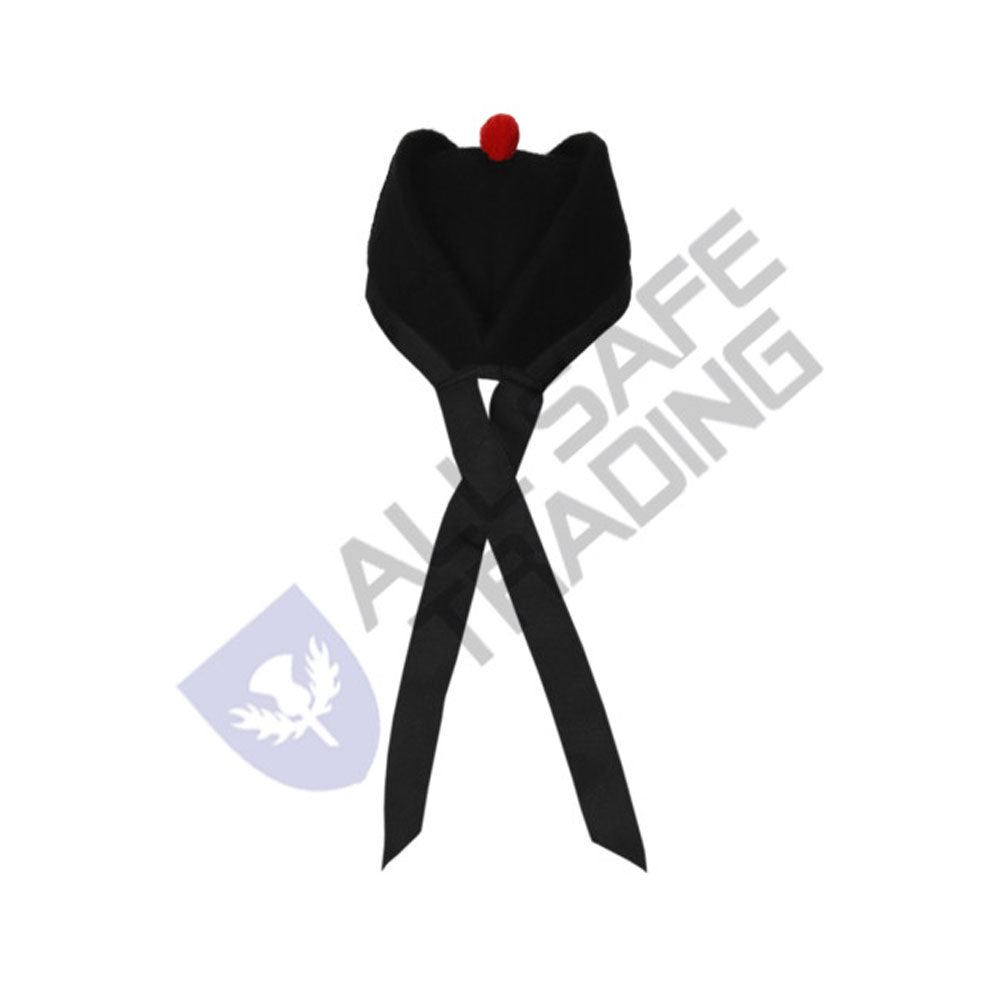 Scottish Black Wool Glengarry Hat with Red Pompom
