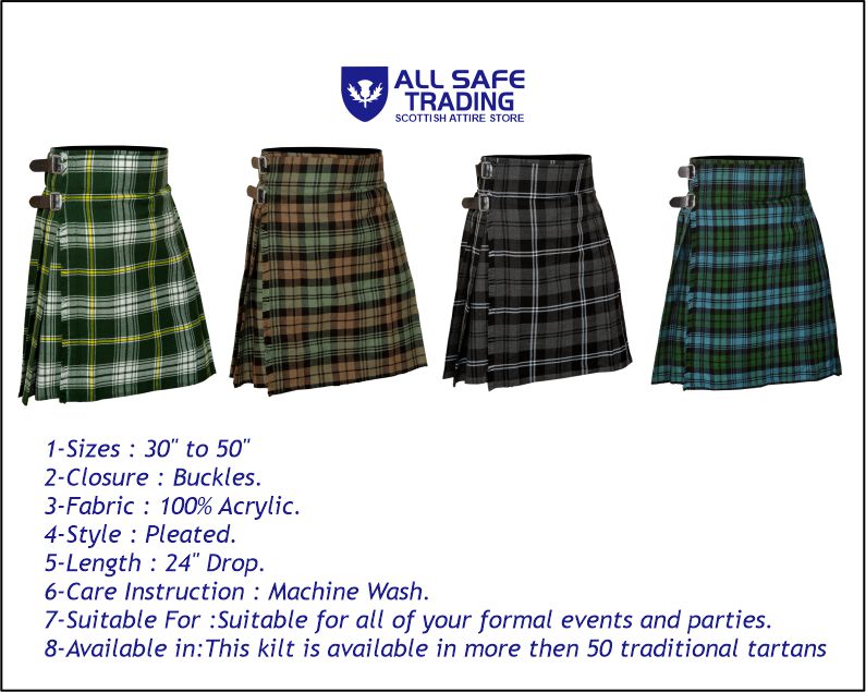 Men's 5 Yard Scottish Tartan Kilt, Highland Wedding Kilt, St. Patrick Tartan Kilt