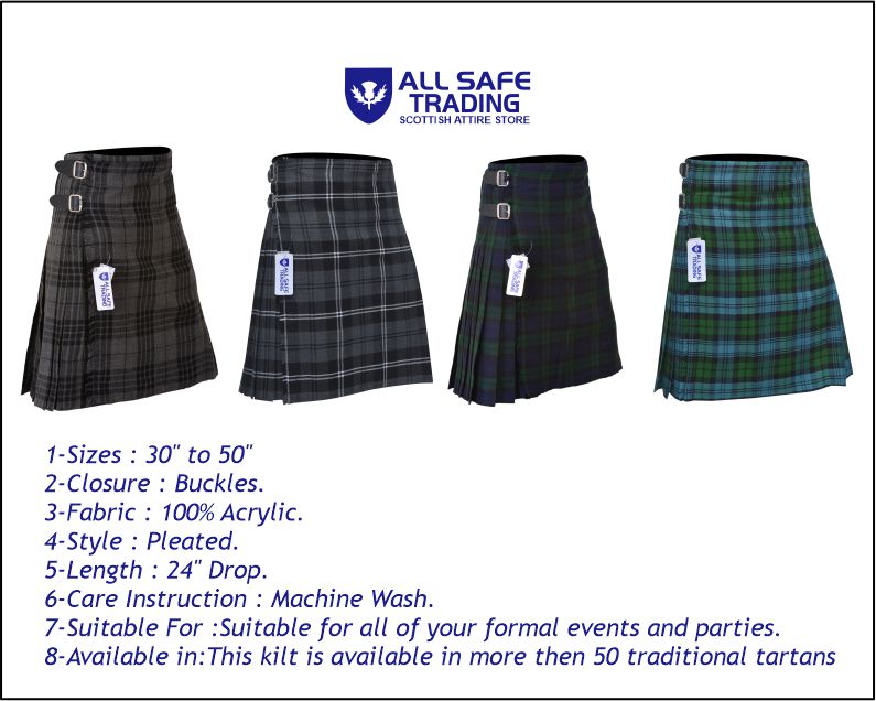 Men's 8 Yard Kilt for Men, Men's Deluxe Kilt, Scottish Tartan Kilt, Highland Wedding Kilt, Grey Watch Kilt
