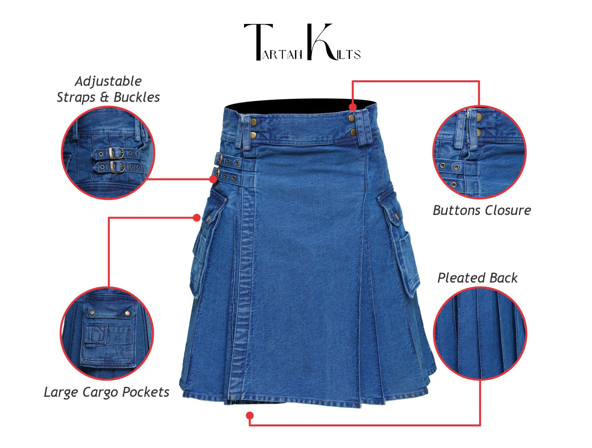 Men's Deluxe Utility Denim Kilt - Modern Utility Kilt for Men, Authentic Jean Kilts with Tactical Style