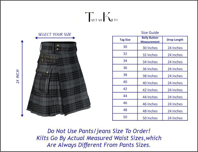 Grey Watch Tartan Pockets Utility Kilt - Cargo Kilt Sizes