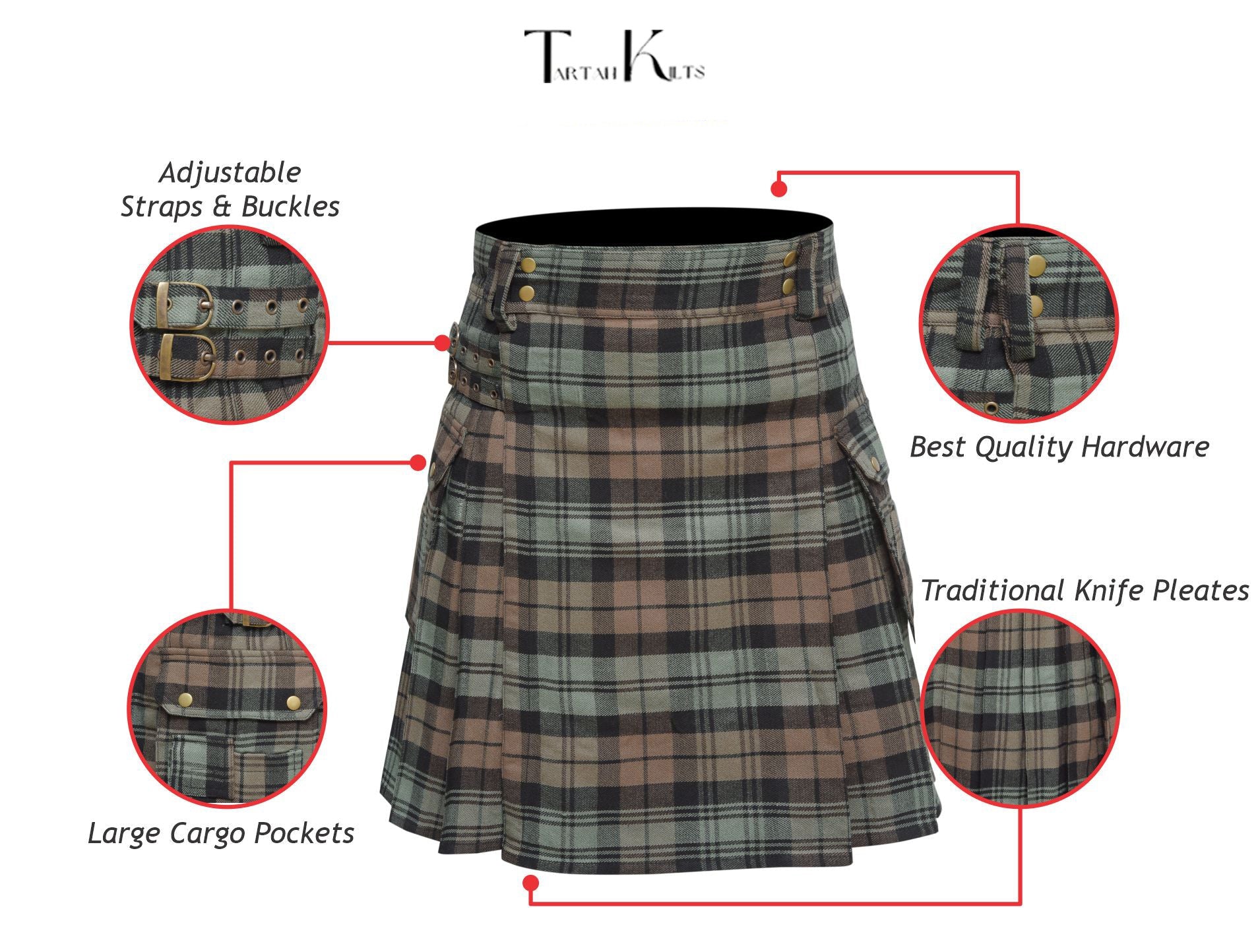 Scottish Men's Modern Black Watch Weathered 16oz Tartan Pockets Utility Kilt, Cargo Kilt