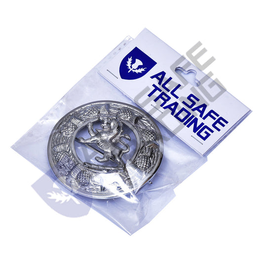 Scottish Rampant Lion Kilt Fly Plaid Brooch With Scrolling Thistle Border