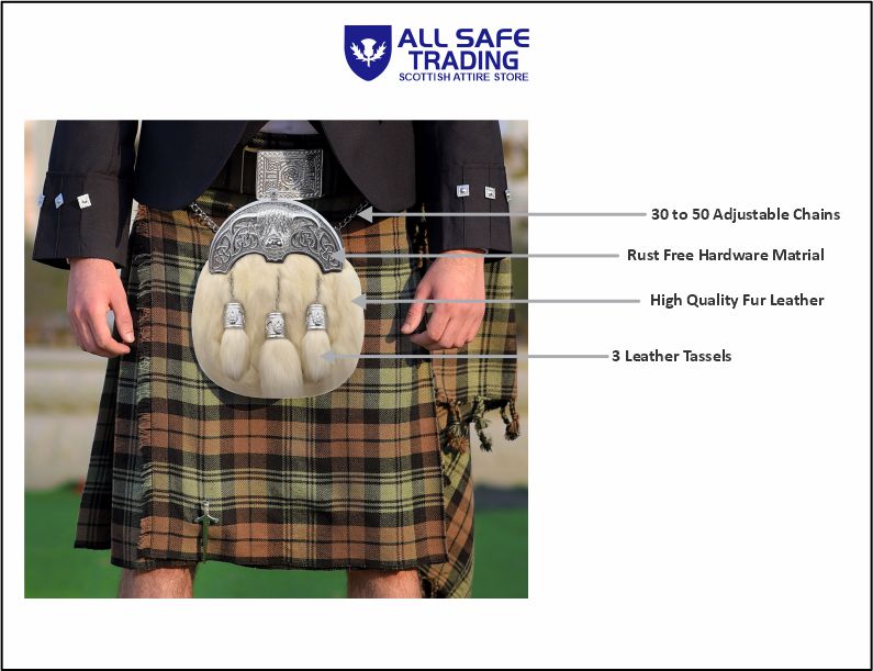 Premium Leather Sporran for Men - Ideal Kilt Accessories for Men, Scottish Kilt Sporran with Chain Belt Art # 3