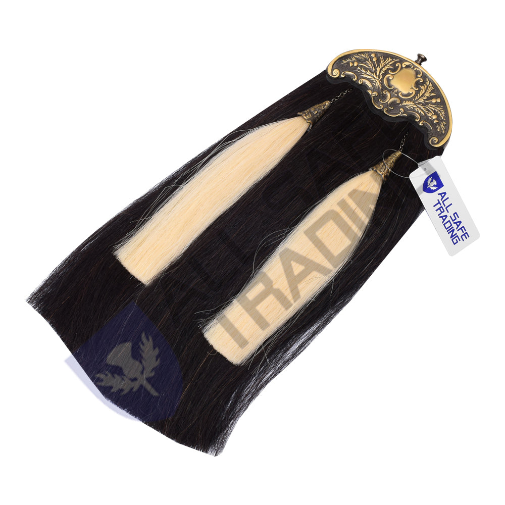 Scottish Military Long Horse Hair Sporran, Antique Cantle with 2 White Tassels