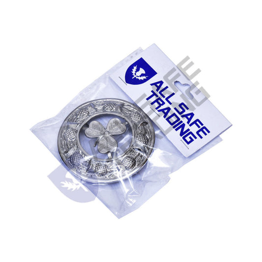 Scottish Shamrock Kilt Fly Plaid Brooch With Scrolling Thistle Border