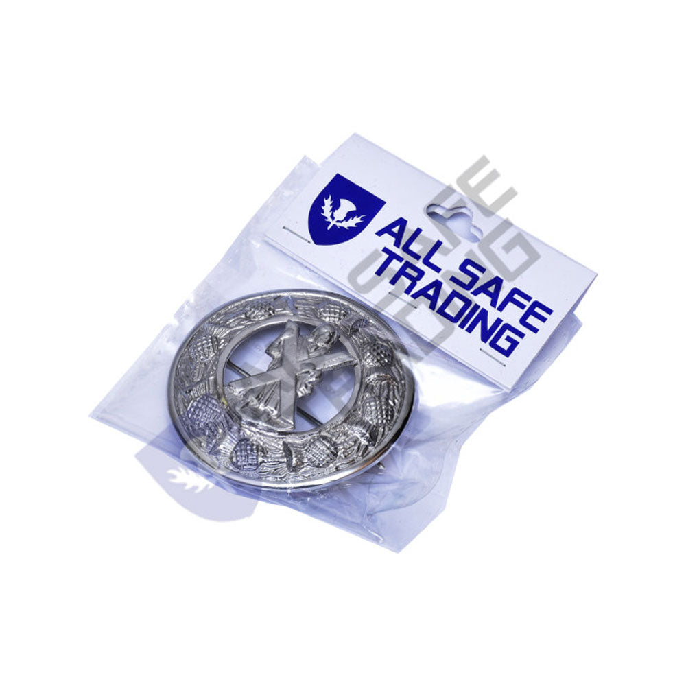 Scottish St. Andrews Kilt Fly Plaid Brooch With Scrolling Thistle Border