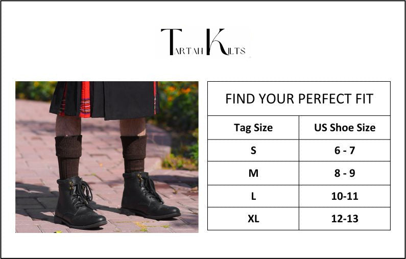 Scottish Square Kilt Hose for Men, Ribbed Socks for USA Shoe Sizes - Black