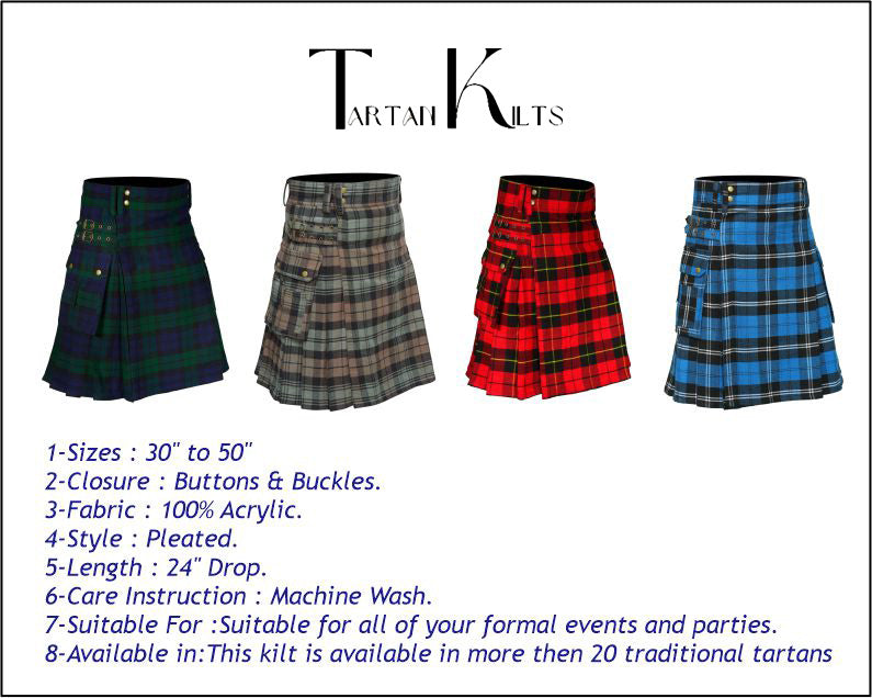 Scottish Men's Modern Wallace 16oz Tartan Pockets Utility Kilt, Cargo Kilt