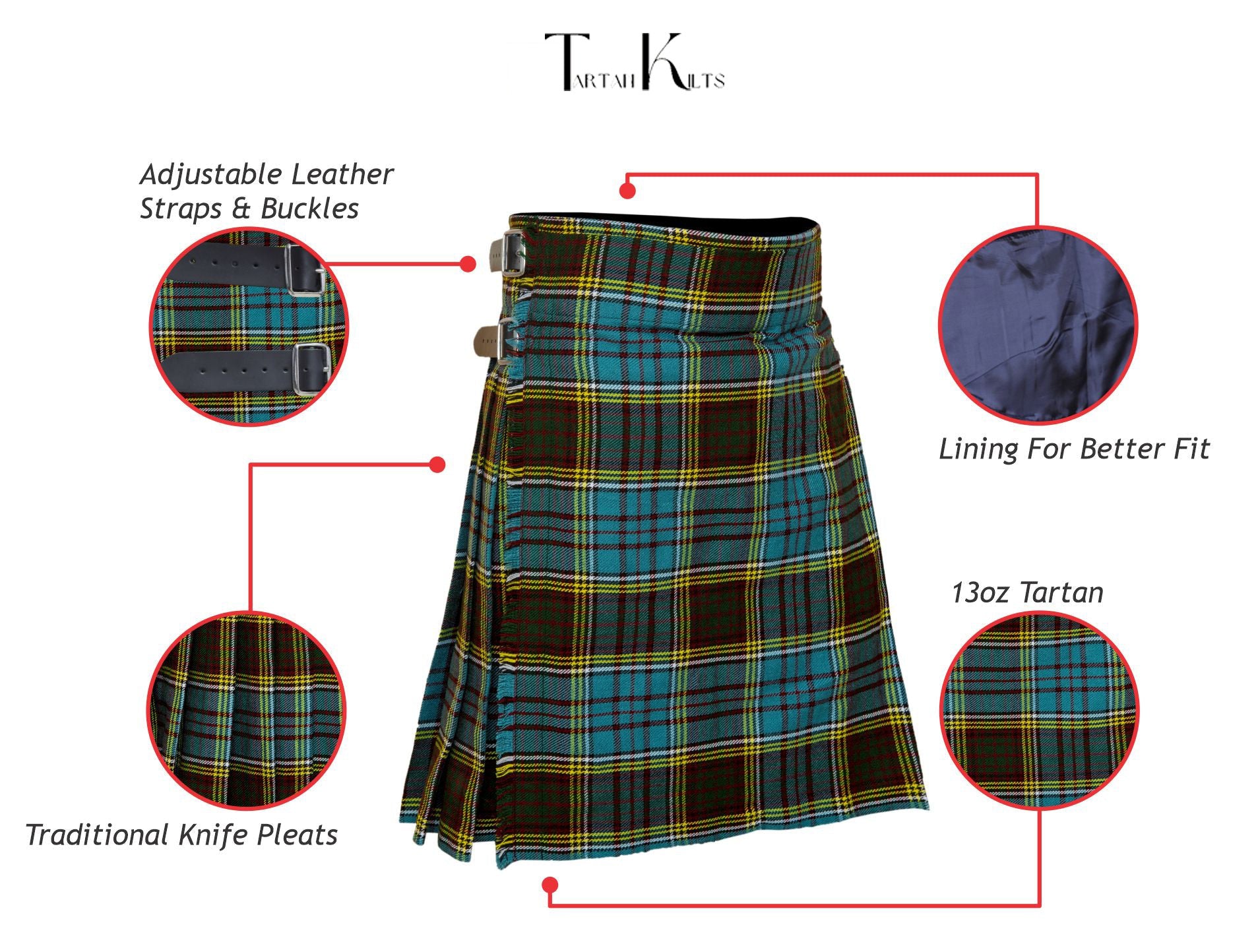 Men's 5 Yard Scottish Tartan Kilt, Highland Wedding Kilt, Anderson Tartan Kilt