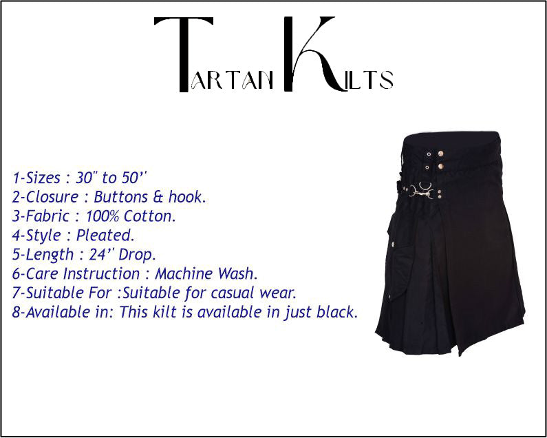 Active Men's Black utility kilt 100% Cotton, Cargo Pocket Kilt for Men| Men's Kilt | Utility Kilt |Tartan Kilts for Men for Scottish Kilt Costume