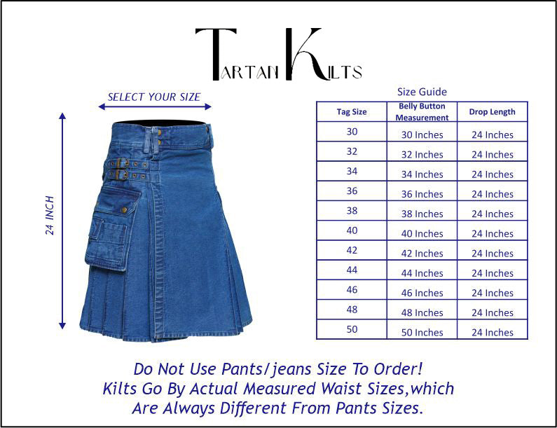 Men's Deluxe Utility Denim Kilt - Modern Utility Kilt for Men, Authentic Jean Kilts with Tactical Style