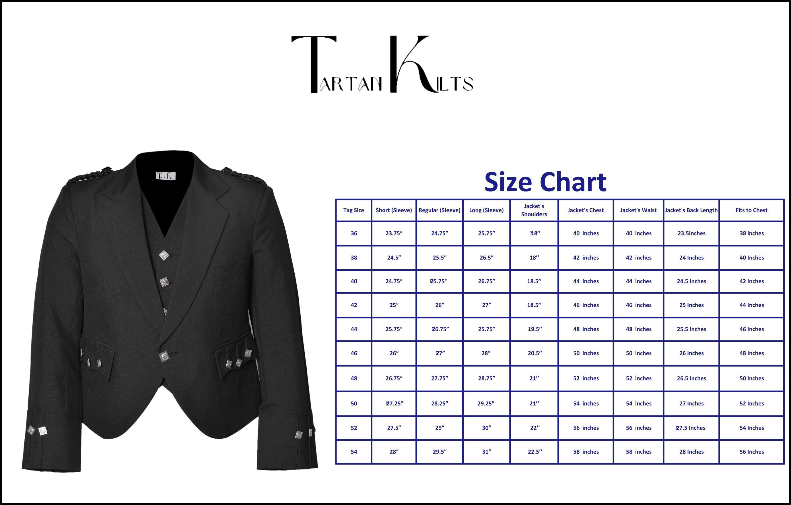 Scottish Black Argyle Kilt Jacket With Waistcoat/Vest - Sizes 36"- 54"