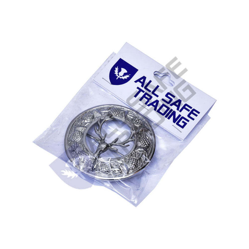 Scottish Stag Head Kilt Fly Plaid Brooch With Scrolling Thistle Border