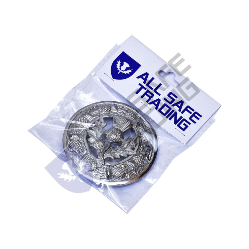 Scottish Thistle Kilt Fly Plaid Brooch With Scrolling Thistle Border